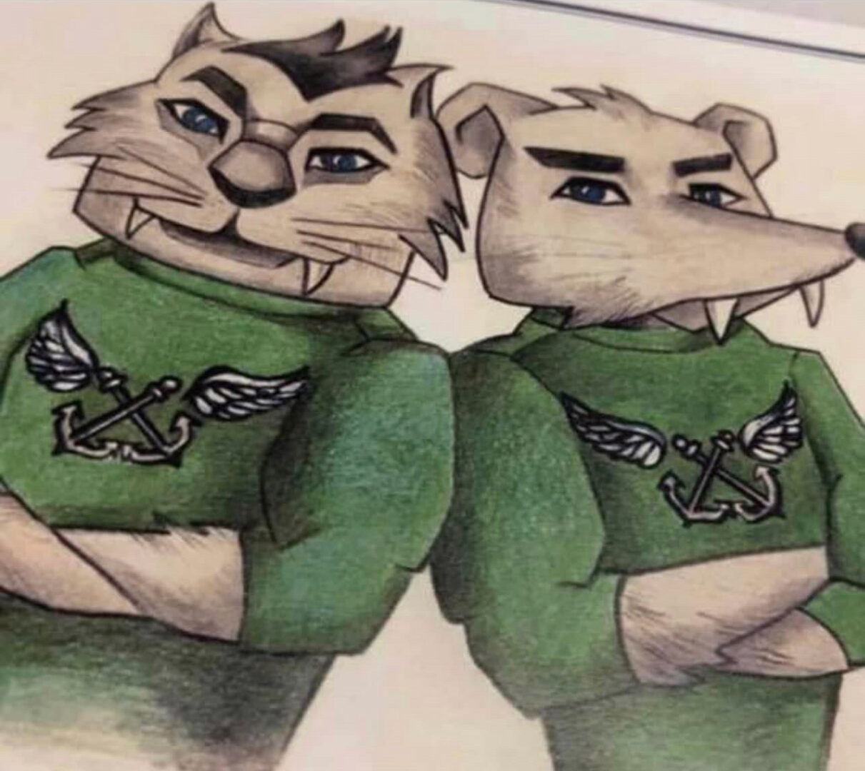 A drawing of two cats wearing green shirts.